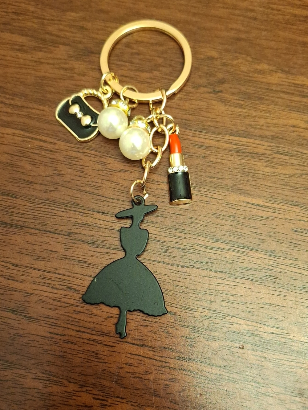 Gold-Tone Black & Faux Pearl Dress Lipstick Purse Bag Charm and/or Keyring New